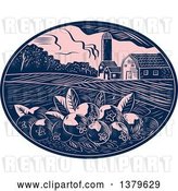 Vector Clip Art of Retro Woodcut Cranberry Farm with a Barn, Silo and Crops in a Pink and Navy Blue Oval by Patrimonio