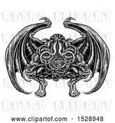 Vector Clip Art of Retro Woodcut Cthulhu Octopus Monster with Wings by AtStockIllustration