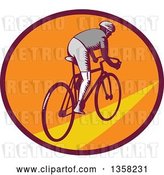 Vector Clip Art of Retro Woodcut Cyclist Riding Away in a Purple Orange and Yellow Oval by Patrimonio