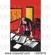 Vector Clip Art of Retro Woodcut Depressed Female Teacher Looking down on a Desk with Books and Paper by Patrimonio