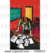 Vector Clip Art of Retro Woodcut Depressed Female Teacher Looking down on a Desk with Papers by Patrimonio