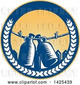 Vector Clip Art of Retro Woodcut Draft Beer Growler Jugs Hanging on a Clothesline over a Picket Fence in a Circle by Patrimonio