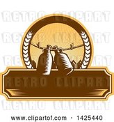 Vector Clip Art of Retro Woodcut Draft Beer Growler Jugs Hanging on a Clothesline over a Picket Fence in a Circle over a Blank Banner by Patrimonio