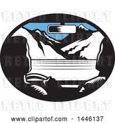 Vector Clip Art of Retro Woodcut Driver and Passenger in a Car, Heading Towards Mountains by Patrimonio