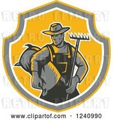 Vector Clip Art of Retro Woodcut Farmer with a Rake and Bag of Seed in a Shield by Patrimonio