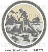Vector Clip Art of Retro Woodcut Farmer with a Scythe in a Field Circle by Patrimonio
