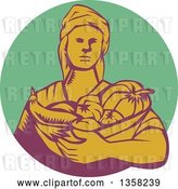 Vector Clip Art of Retro Woodcut Female Farmer Holding a Basket of Harvest Produce in a Green Purple and Yellow Circle by Patrimonio