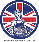 Vector Clip Art of Retro Woodcut Female Farmer Holding a Basket of Produce in a Union Jack Flag Circle by Patrimonio