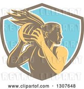 Vector Clip Art of Retro Woodcut Female Volleyball Player Rebounding in a Brown White and Blue Shield by Patrimonio