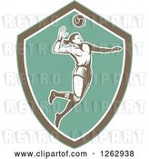 Vector Clip Art of Retro Woodcut Female Volleyball Player Spiking in a Turquoise Brown and White Shield by Patrimonio