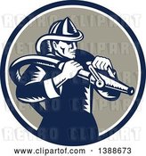 Vector Clip Art of Retro Woodcut Firefighter Holding a Hose in a Blue White and Taupe Circle by Patrimonio