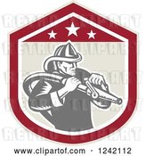 Vector Clip Art of Retro Woodcut Firefighter Wielding a Hose in a Shield by Patrimonio
