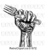 Vector Clip Art of Retro Woodcut Fisted Hand Holding a Fork by AtStockIllustration