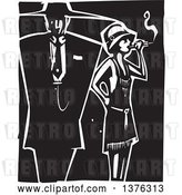 Vector Clip Art of Retro Woodcut Flapper Girl Smoking a Cigarette by a Guy in a Zoot Suit by Xunantunich