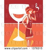 Vector Clip Art of Retro Woodcut Flapper Girl Smoking a Cigarette over a Giant Glass of Wine by Xunantunich