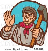 Vector Clip Art of Retro Woodcut Friendly Male Union Worker Waving and Holding a Sledgehammer in a Brown and Blue Oval by Patrimonio