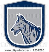 Vector Clip Art of Retro Woodcut German Shepherd Dog in a Gray and Blue Shield by Patrimonio
