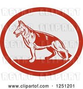 Vector Clip Art of Retro Woodcut German Shepherd Dog in a Gray and Red Oval by Patrimonio