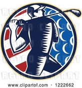 Vector Clip Art of Retro Woodcut Golfer in an American Flag Circle by Patrimonio