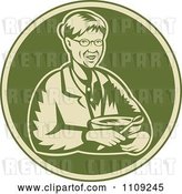 Vector Clip Art of Retro Woodcut Granny Holding a Mixing Bowl in a Green Circle by Patrimonio