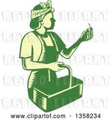 Vector Clip Art of Retro Woodcut Green and Yellow Female Farm Worker Picking Cherries by Patrimonio