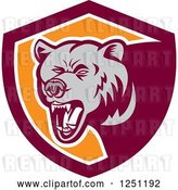 Vector Clip Art of Retro Woodcut Grizzly Bear Roaring in a Maroon and Orange Shield by Patrimonio
