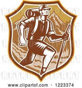Vector Clip Art of Retro Woodcut Guy Hiking over Mountains in a Brown Shield by Patrimonio