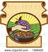 Vector Clip Art of Retro Woodcut Hand Holding a Bunch of Purple Grapes over a Bowl of Raisins in a Scroll Crest with a Sunrise or Sunset by Patrimonio
