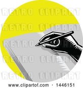 Vector Clip Art of Retro Woodcut Hand Writing in a Journal in a Yellow Circle by Patrimonio