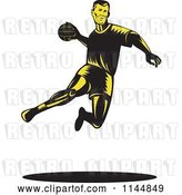 Vector Clip Art of Retro Woodcut Handball Player Jumping by Patrimonio