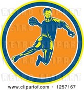 Vector Clip Art of Retro Woodcut Handball Player Jumping over a Yellow Blue White and Orange Circle by Patrimonio