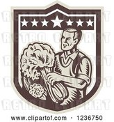 Vector Clip Art of Retro Woodcut Happy Male Grocer with Produce in a Shield by Patrimonio