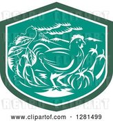 Vector Clip Art of Retro Woodcut Hen with Eggplants, Beans and Squash in a Green White and Turquoise Shield by Patrimonio