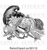 Vector Clip Art of Retro Woodcut Horn of Plenty Cornucopia with Produce by AtStockIllustration