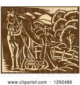 Vector Clip Art of Retro Woodcut Horse and Farmer Plowing a Field in Tan and Brown by Patrimonio