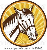 Vector Clip Art of Retro Woodcut Horse Head Wearing a Bridle in a Sunset Circle by Patrimonio