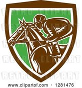 Vector Clip Art of Retro Woodcut Horse Racing Jockey in a Brown White and Green Shield by Patrimonio