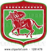 Vector Clip Art of Retro Woodcut Horse Racing Jockey in a Green Red and White Shield with Stars by Patrimonio