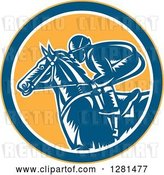 Vector Clip Art of Retro Woodcut Horse Racing Jockey in a Yellow Blue and White Circle by Patrimonio