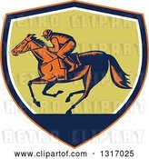 Vector Clip Art of Retro Woodcut Horse Racing Jockey in an Orange, Navy Blue, White and Green Shield by Patrimonio