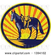 Vector Clip Art of Retro Woodcut Horse with a Western Saddle in a Sunset Oval by Patrimonio