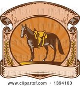 Vector Clip Art of Retro Woodcut Horse with a Western Saddle in a Sunset Scroll by Patrimonio