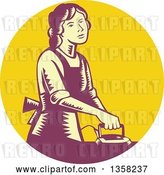 Vector Clip Art of Retro Woodcut House Wife or Maid Ironing Laundry in a Yellow and Purple Circle by Patrimonio