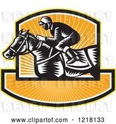 Vector Clip Art of Retro Woodcut Jockey on a Horse in a Shield of Orange Sunshine by Patrimonio