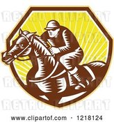 Vector Clip Art of Retro Woodcut Jockey on a Horse in a Shield of Sunshine by Patrimonio