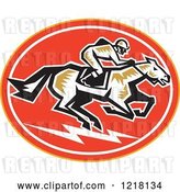 Vector Clip Art of Retro Woodcut Jockey on a Horse in an Oval by Patrimonio