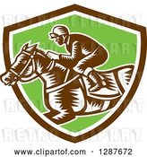 Vector Clip Art of Retro Woodcut Jockey Racing a Horse in a Brown White and Green Shield by Patrimonio