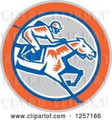 Vector Clip Art of Retro Woodcut Jockey Racing a Horse in a Gray Orange Blue and White Circle by Patrimonio