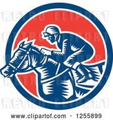 Vector Clip Art of Retro Woodcut Jockey Racing a Horse in a Red White and Blue Circle by Patrimonio