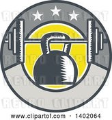 Vector Clip Art of Retro Woodcut Kettlebell Hanging on a Barbell in a Circle with Stars by Patrimonio